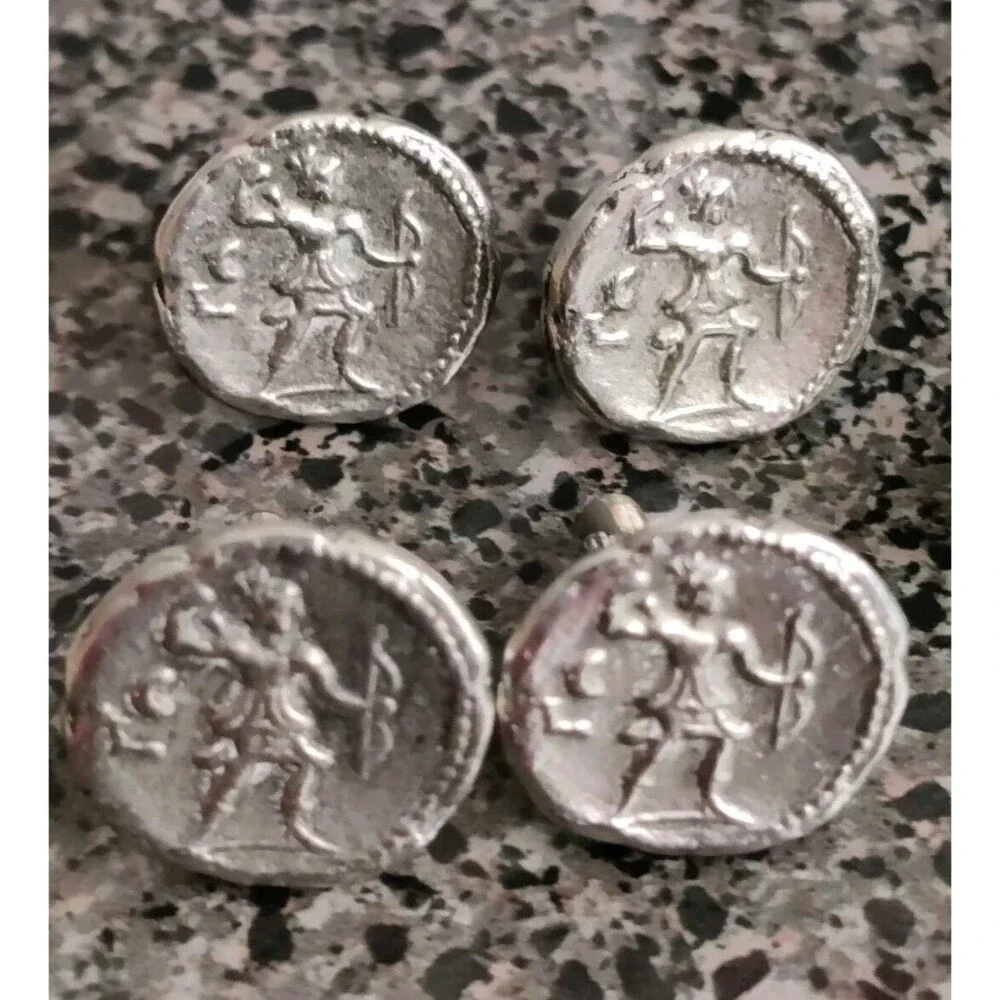 2 Pair Artemis Archer Tetradrachm Greek Coin Vintage Cuff Links + Tie Tack!